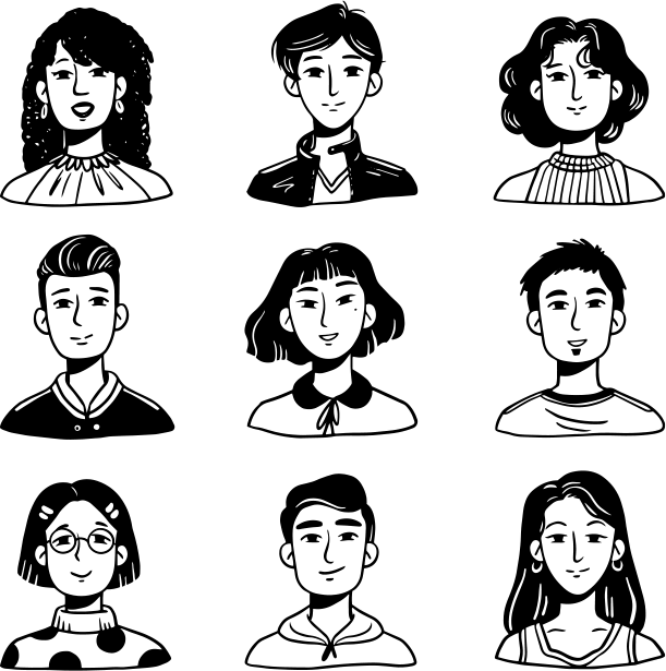 Ilustração preto e branca contendo nove rostos de adolescentes e jovens