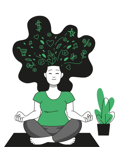 Ilustração de uma jovem sentada em posição de meditação, com os cabelos voando e vários sonhos e ideias saindo de sua cabeça